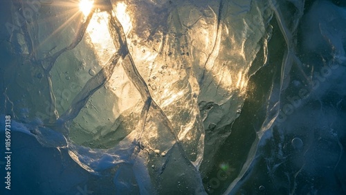 Close-up of Cracked Ice with Sunlight Reflections