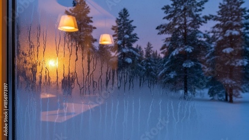 Cozy Winter Scene Through Frosted Window