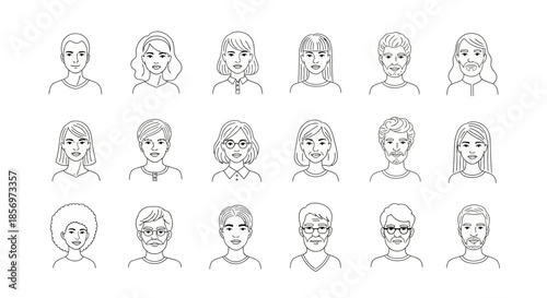 Collection of diverse human face line drawings.