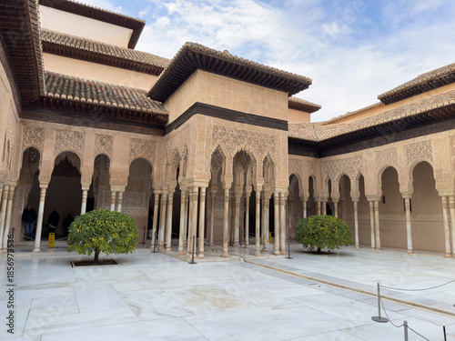 Alhambra of Granada, Spain. Intricate architecture with arches and greenery.