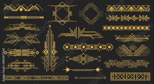 Collection of various golden ornamental design elements and patterns.