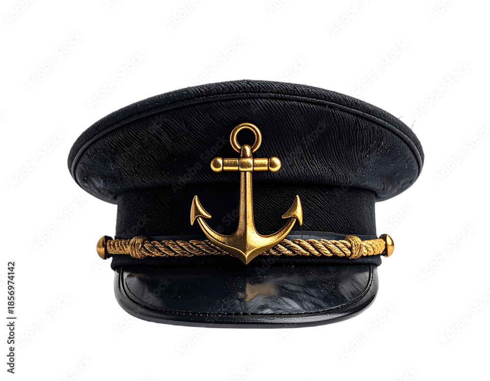 Fototapeta premium A detailed studio shot of a classic navy officer's cap with a gold anchor, isolated on black