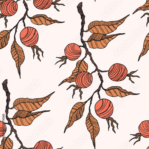 Seamless pattern with Rose hip, cranberry. Natural fresh ripe tasty blueberries. Vector illustration for background, packaging, textile, fabric and various other designs. Food concept.