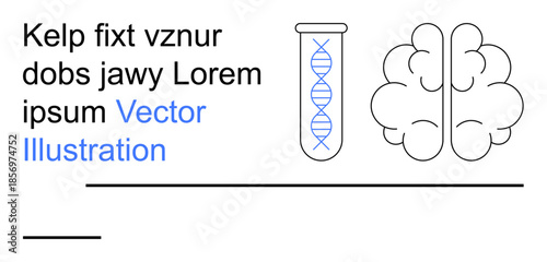 Genetic research, neuroscience, education, biotechnology, healthcare, DNA testing. A test tube containing a DNA strand next to a human brain outline. Genetic research and neuroscience concept