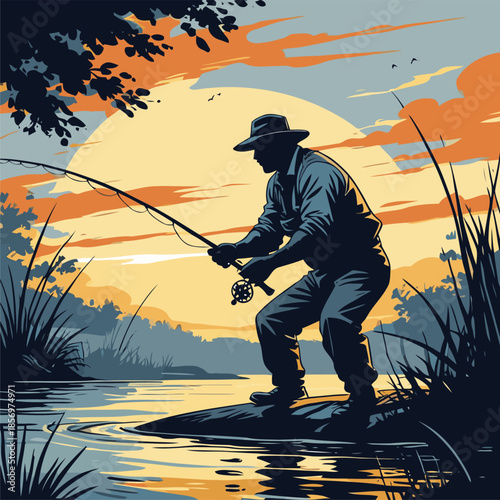 silhouette vector image of a fisherman against a sunset background