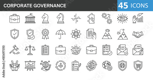 Corporate governance line icons set featuring compliance, ESG, risk management, ethics, transparency, leadership, policy, accountability, and business control symbols systems