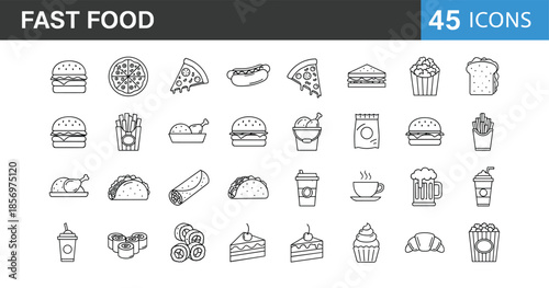 Fast food line icons set, featuring burgers pizza fries drinks desserts snacks editable outline symbols for restaurant menu design projects