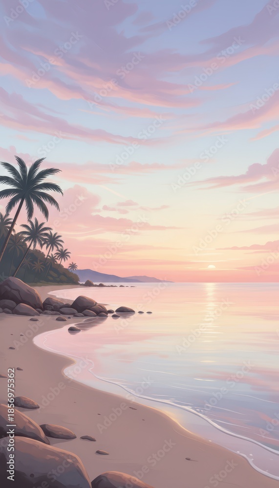 Fototapeta premium Serene Tropical Beach Sunset Illustration with Palm Trees and Soft Pink Clouds on a Sandy Shore
