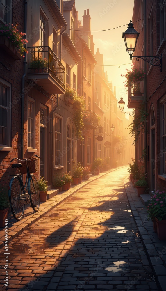 Fototapeta premium Serene European Cobblestone Alley at Golden Hour with Vintage Bicycle and Floral Balconies