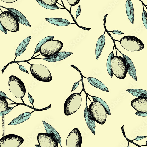 Seamless pattern with olive branch. Ink hand drawn olives background. Botanic plant vector illustration for print, fabric, textile. A sprig of an olive tree with leaves. Food concept.