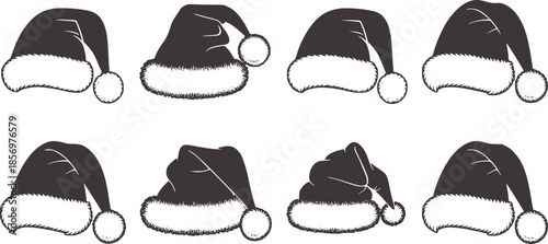 Eight black and Santa hats with pompoms in flat christmas holiday winter