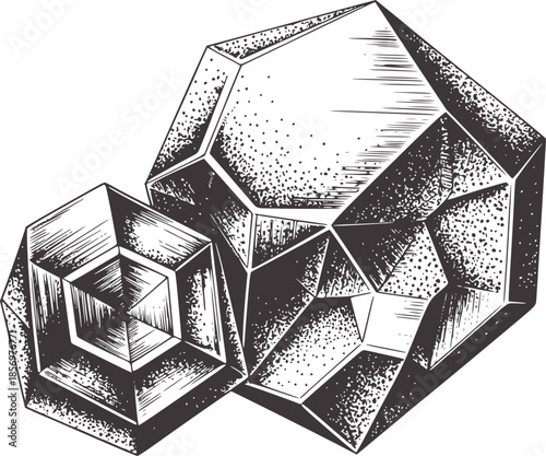 Geometric dodecahedron crystal structure with nested shapes in monochrome