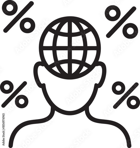 Animation of human head icon with globe brain surrounded by percentage signs representing global finance economy interest rates tax and international markets