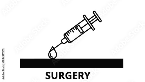 Simple illustration of a syringe injecting a black bar with the word surgery below