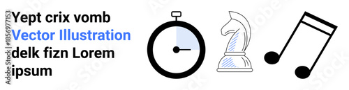 Time management, strategy, music, creativity, productivity, hobbies. Stopwatch, chess knight and musical note displayed. Time management and strategy concept visually