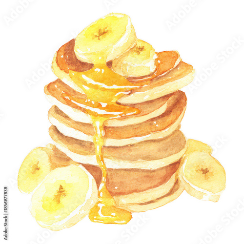 Watercolor Pancakes with Banana and Syrup Illustration