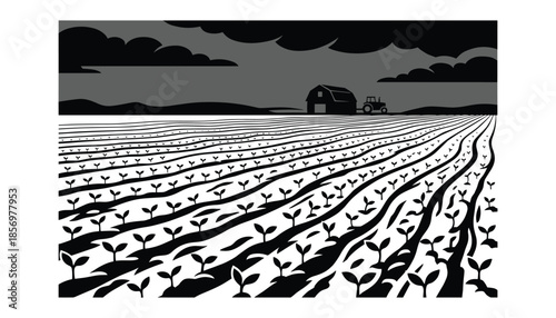 Farm field with plants barn tractor and clouds agriculture landscape background scene