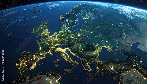 Detailed night view of Europe showcasing illuminated cities and coastlines from space.