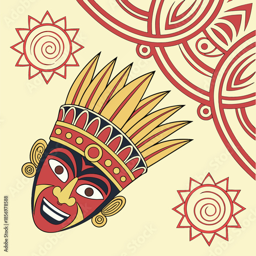 Traditional Sri Lankan and African Tribal Mask Illustrations with Abstract Background Patterns.