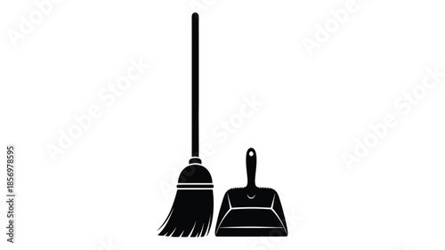 A simple depiction of a broom and dustpan in black silhouette