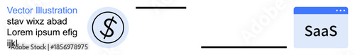SaaS pricing, subscription, software solutions, business payments, digital services, cost analysis. Dollar symbol and SaaS window . SaaS pricing and subscription