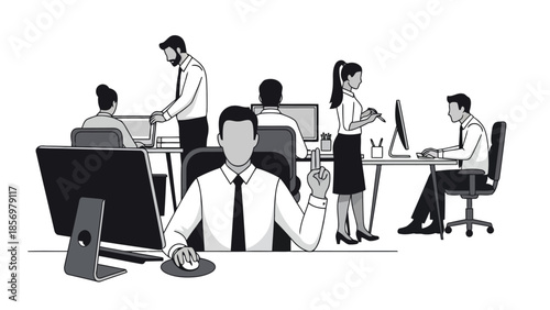 Office workers collaborating and working on computers in a modern, open-plan workspace environment.