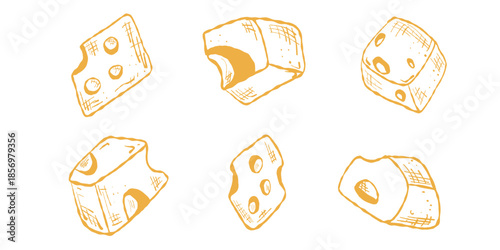 Cheese cubes vector set, dairy snack collection. Cubed cheese clipart, cheeseboard icon set.