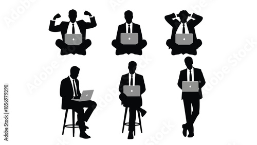 Collection of Silhouettes of Businessmen in Suits Working on Laptops in Various Poses