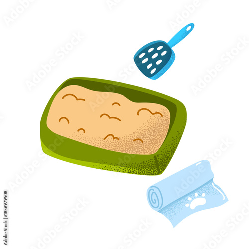 Cat litter box set with scoop and waste bags. Perfect for pet shop branding, vet info graphics, and cat care blogs. Essential hygiene kit. Vector illustration