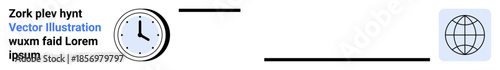 Time management, global connectivity, communication, web design, scheduling tools, international collaboration. A clock next to a globe icon and placeholder text. Time management and global
