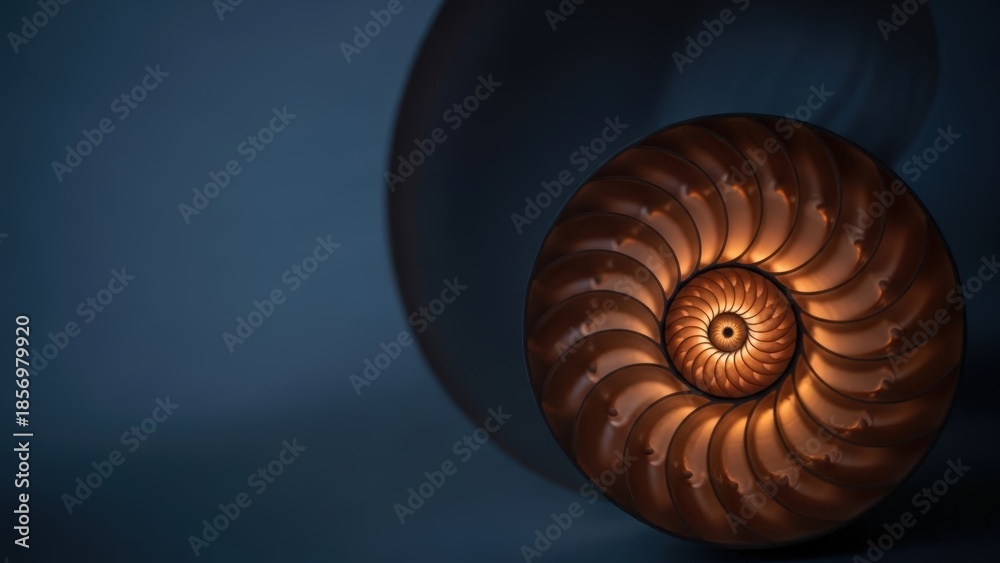 Obraz premium Nautilus shell glowing with warm light in dark background