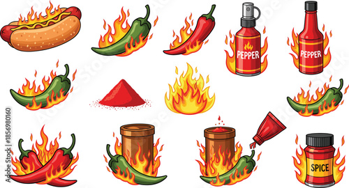 Spicy chili pepper icons with flames, hot sauce bottles, seasoning powder and fiery food illustration set for spicy cuisine design