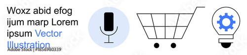 Voice command, shopping, digital innovation, AI, technology concepts, e-commerce. Icons of a microphone, shopping cart and gear in bulb. Voice command and e-commerce technology