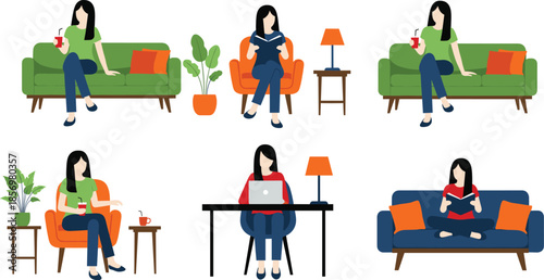 Women relaxing and working at home illustration set, reading, drinking and using laptop on sofa and chair interior design
