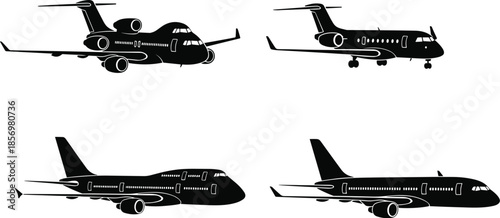 Passenger airplane icons set, commercial aircraft silhouettes for aviation travel, airline transportation, airport and flight industry design