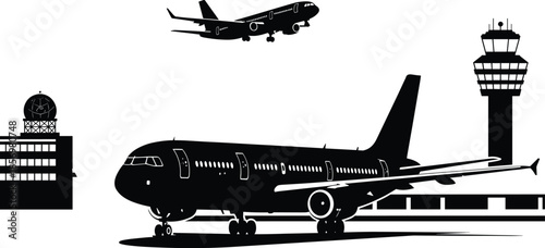 Commercial airplane at airport with control tower and radar building, aviation travel scene for flight transportation and airline industry design
