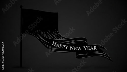 Black flag with happy new year banner on dark background