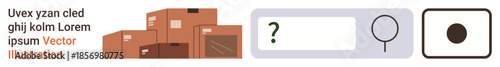 E-commerce, delivery services, online shopping, logistics management, packaging, product search. Brown delivery boxes, a question-marked search bar, and icons of a magnifying glass and dot