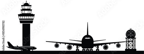 Airport runway scene with airplane, control tower and radar system, aviation transportation vector for travel industry and flight operations