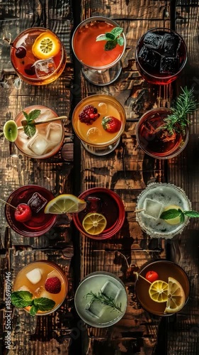 Video A wooden table with various drinks such as coffee, tea, juice, and more