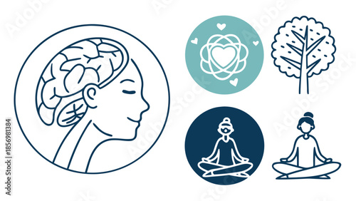 “Mental health icons, brain, meditation, stress relief, modern line art SVG”
