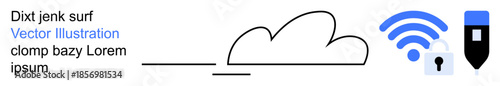 Cloud computing, cybersecurity, wireless technology, data storage, digital security, internet services. A cloud, wireless lock and pen icons. Cloud computing and cybersecurity