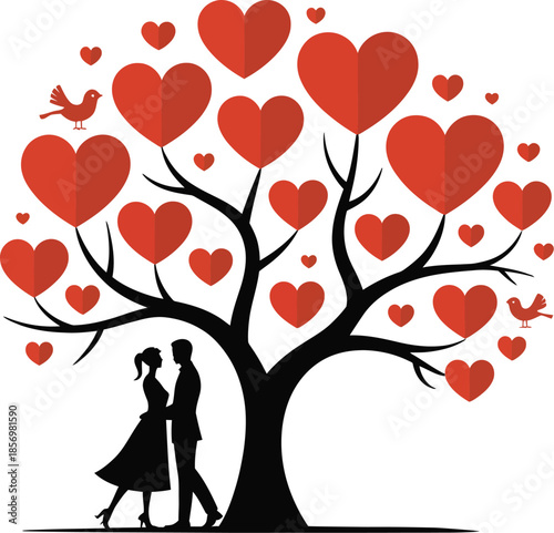 Romantic Silhouette of a Couple Standing Under a Tree with Red Heart Leaves for Valentine's Day Anniversary and Wedding Togetherness Concept