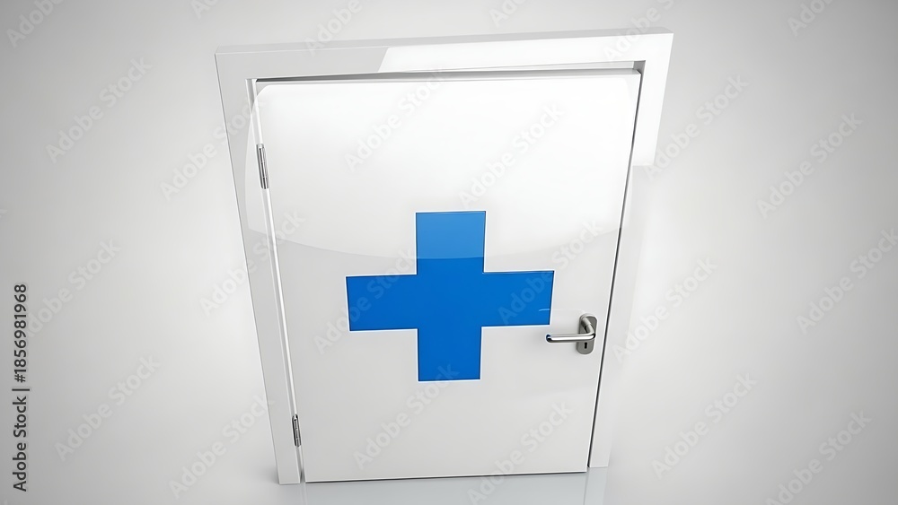 Fototapeta premium A minimalist white door featuring a prominent blue medical cross on a light background.