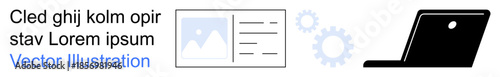 Digital workflow, technology, engineering, software design, business interface, IT systems. ion of laptop, gears and interface elements. Digital workflow and technology