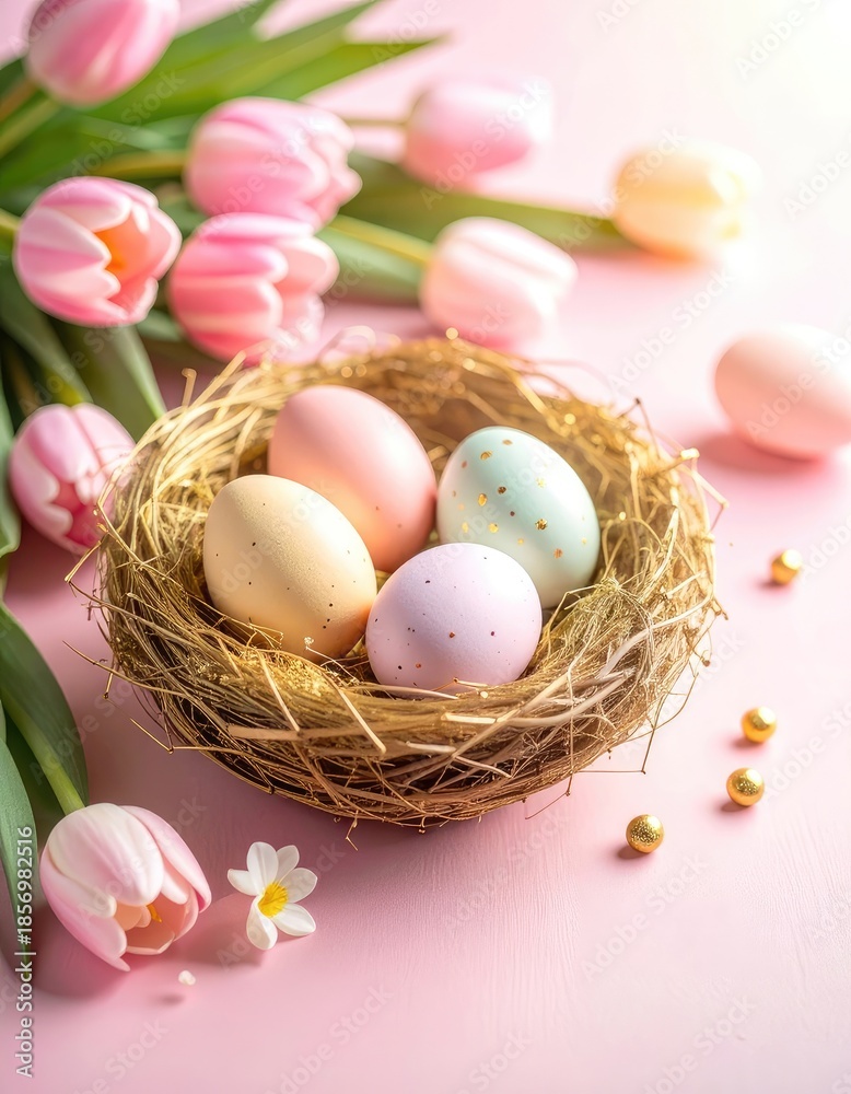 Obraz premium Pastel-colored Easter eggs nestled in a straw nest with pink tulips surrounding them on a light pink surface.