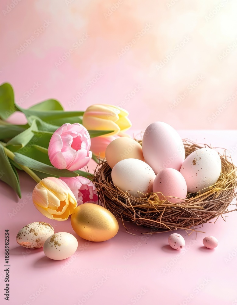 Obraz premium A beautiful arrangement of pastel Easter eggs and pink and yellow tulips on a soft pink background.