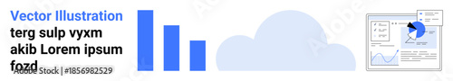 Cloud computing, data analytics, technology, business intelligence, data visualization, report design. Bar chart, cloud icon and analytical dashboard. Cloud computing and data analytics