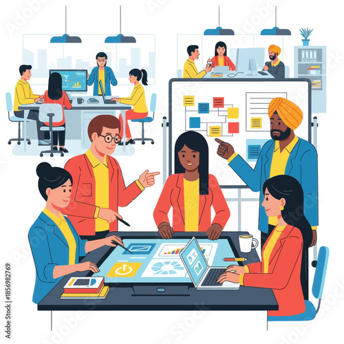 Diverse team collaborating in modern office, using interactive display and whiteboard