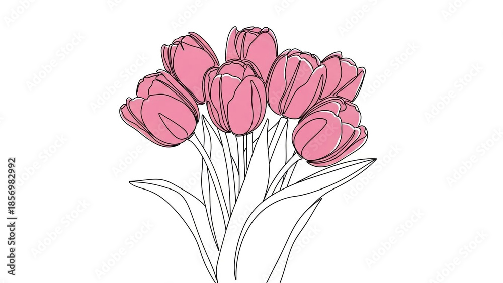 Obraz premium Tulip Bouquet in Simple Line Art with Pink Color on White Background for Greeting Card